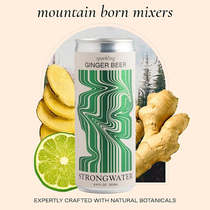 Strongwater Sparkling Ginger Beer - 12 Pack Cans (8.4 Fl Oz Each) - Premium Craft Cocktail Mixer Made with Filtered Rocky Mountain Water & Ginger Root - Real Cane Sugar, No Artificial Flavors