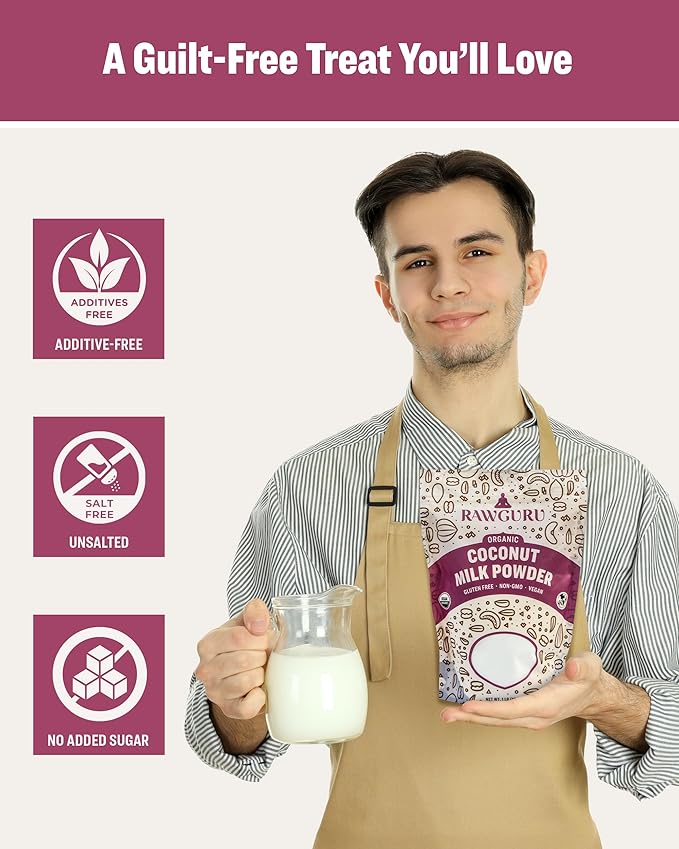 RawGuru Organic Coconut Milk Powder - Vegan & Nutrient-Dense Powder with Iron & Potassium - Rich & Creamy Organic Milk for Drinking or Baking - 16 oz, Pack of 2