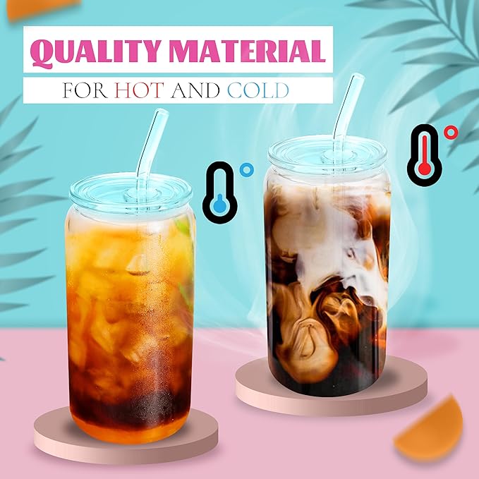 Joyclub 4pcs Glass Cups with Acrylic Lids and Straws 16 oz Can Shaped Glass Iced Coffee Cups with Lids and Straws, Cute Tumbler Cup Drinking Glasses for Smoothie Whiskey Boba Soda Tea Gift