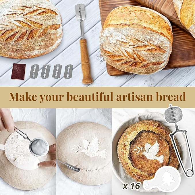9 Inch Round Banneton Bread Proofing Basket Sourdough Starter Kit, Sourdough Bread Baking Supplies with Bread Lame, Sling, Spatula, Scraper, Dough Whisk
