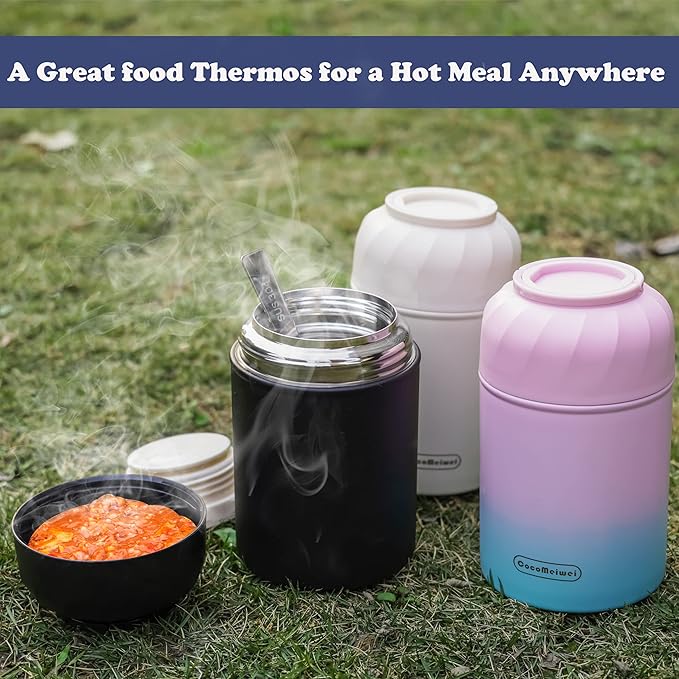 Thermo for Hot Food & Drinks, Thermo Lunch Box, 17oz Vacuum Insulated Food Container with Spoon&Drawstring Bag, Soup Thermo for Adults, Black
