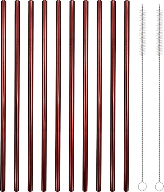 10 Pcs Stainless Steel Straws, Reusable Drinking Straws, Straight Metal Straw Sets with 2 Pcs Cleaning Brushes (8.5 Inch, Red)