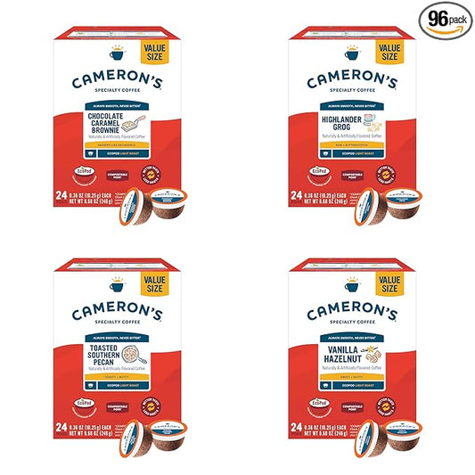 Cameron's Coffee Single Serve Pods, Vanilla Hazelnut, Highlander Grog, Chocolate Caramel Brownie, Toasted Southern Pecan, Variety Pack, 96 Count…