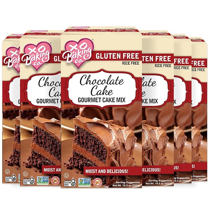 XO Baking Co. Gluten Free Chocolate Cake Gourmet Cake Mix; Non-GMO; Kosher; Rice Free; Soy Free; Dairy Free; Peanut Free; No Preservatives; No Artificial Flavors or Colors, 19.5oz (Pack of 6)