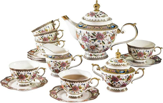 ACMLIFE Tea Set for Adults for 6, Blue and White Tea Set with Cups, Bone China Vintage Floral British English Tea Pot with Cups and Saucers for Women Party, Afternoon Service or Gift Giving (Pink)