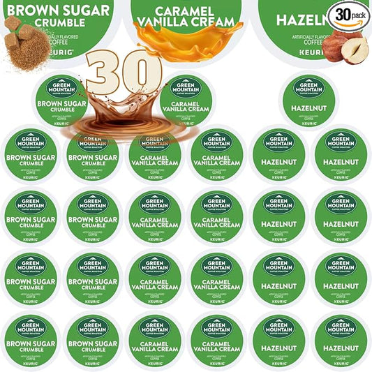 30-count K-Cup portion packs for Keurig K-Cup Brewers Variety with Green Mountain Flavors Caramel Vanilla Cream, Hazelnut, and Brown Sugar Crumble Packaged by Brightest Place