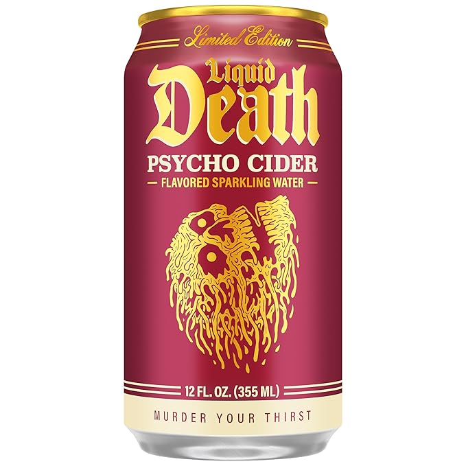 Liquid Death, Psycho Cider, Apple Cider-Flavored Sparkling Water, 12-Pack (12oz Cans), Low Sugar, Huge Flavor & No Artificial Sweeteners