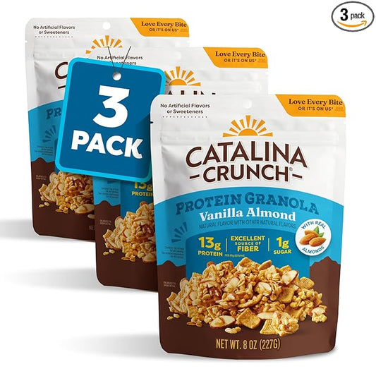 Catalina Crunch Protein Granola - Low Sugar Breakfast Cereal with 13g of Protein - Gluten Free, Keto Friendly - Vanilla Almond - 8 oz. Bag (Pack of 3)