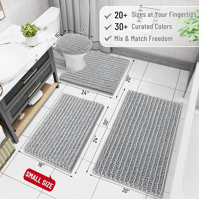 Arotive Luxury Chenille Bathroom Rug Mat, Extra Soft Thick Absorbent Shaggy Bath Rugs, Non-Slip Machine Wash Dry, Plush Bath Mats for Bathroom, Shower and Tub, 24x16, Light Grey
