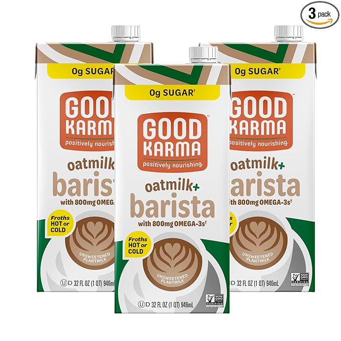 Good Karma Unsweetened Oatmilk + Barista Blend, 32 Ounce (Pack of 3), 800mg Omega -3s, Plant-Based Non-Dairy Milk Creamer Alternative with Oats, Flax and Peas, Lactose Free, Vegan, Shelf Stable