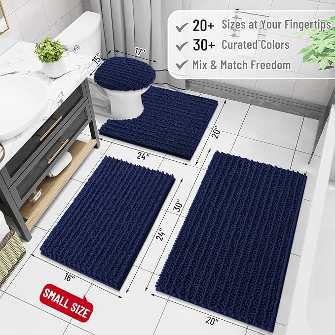 Arotive Luxury Chenille Bathroom Rug Mat, Extra Soft Thick Absorbent Shaggy Bath Rugs, Non-Slip Machine Wash Dry, Plush Bath Mats for Bathroom, Shower and Tub, 47x24, Navy