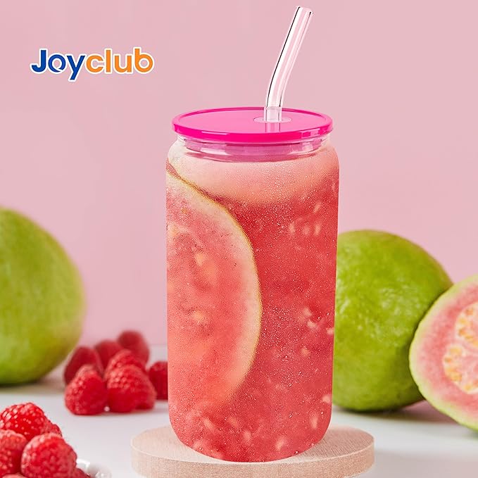 Joyclub 8pcs Glass Cups with Acrylic Lids and Straws 16 oz Can Shaped Glass Iced Coffee Cups with Lids and Straws, Cute Tumbler Cup Drinking Glasses for Smoothie Whiskey Boba Soda Tea Gift