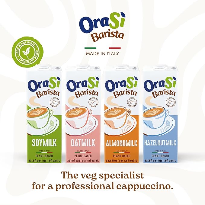 OraSì Almond Milk Barista | High-Foaming Plant-Based Almond Milk for Coffee, Latte Art & Italian-Style Cappuccino | Dairy-Free, Gluten-Free, Non-GMO | 1 L (33.8 fl oz) Carton