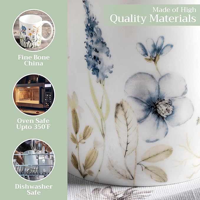 Maison d' Hermine Coffee Mug with Handles Fine Bone China Mugs Pack of One Tea Cups for Hot Beverages Cappuccino Latte Home Restaurant Office Perfect for Gift (Ice Florals - Forsty Morning, 15 Ounce)