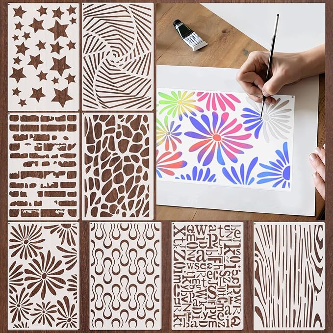 Yazhiji 8PCS Large Stencils for Geometric Painting, Reusable Geometric Painting Stencils Abstract Layering Stencil for Painting on Wood Canvas Furniture Floor Decor DIY Supplies