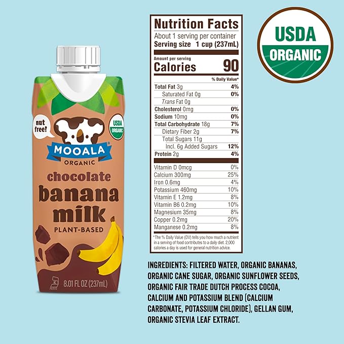 Mooala - Organic Chocolate Bananamilk, Lunchbox Friendly, Shelf-Stable, Non-Dairy, Nut-Free, Plant-Based Beverage, On the Go 12 Pack