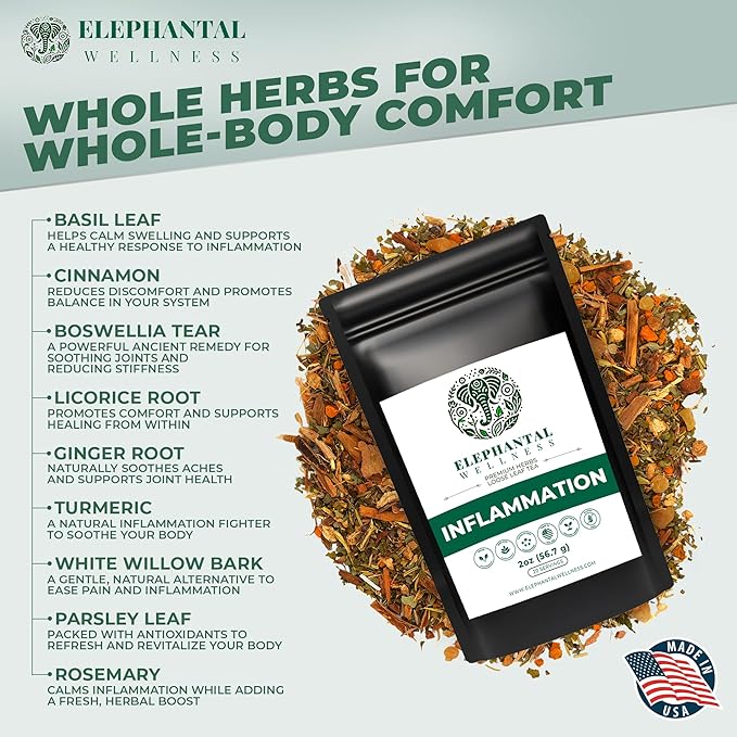 Elephantal Wellness Premium Inflammation Herbal Tea | Comfort & Mobility Blend with Turmeric, Boswellia, White Willow Bark & Ginger | Handmade, Non-GMO, Caffeine-Free Loose Leaf, 2oz, 20 Servings