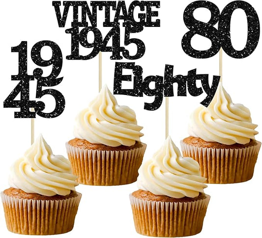 Gyufise 24Pcs Vintage 1945 Cupcake Toppers Glitter Cheers to 80 Fabulous Eighty Cupcake Picks 80th Birthday Wedding Anniversary Party Cake Decorations Supplies Black