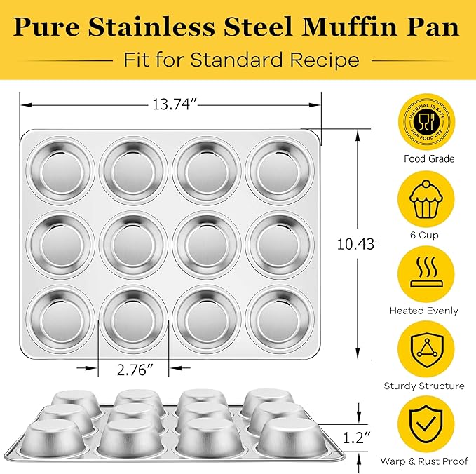 Homikit 1 Pack Muffin Pan, Stainless Steel Cupcake Tin with 12 Cups Regular Size, 13.8" x 10.4" Nonstick Metal Egg Bites Tray for Oven Baking, Non Toxic & Rust Free, Easy Release & Dishwasher Safe