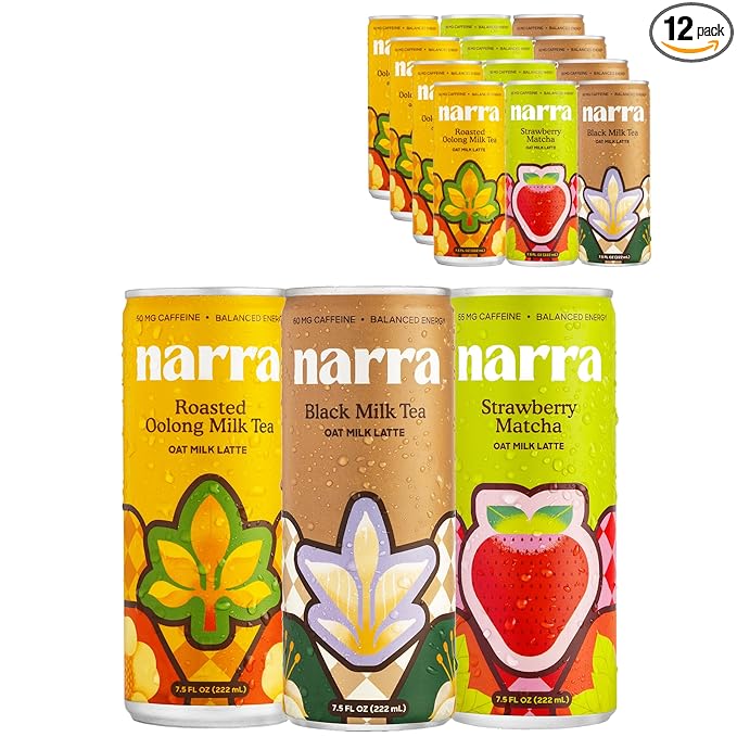 Narra, Oat Milk Tea Latte Variety Pack - Black Tea, Roasted Oolong, Strawberry Matcha, Natural Caffeine & L-Theanine, Organic Oat Milk, MCT Oil, Dairy Free, Non-GMO, 7.5 Fl Oz (12 Pack)