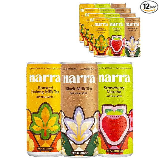 Narra, Oat Milk Tea Latte Variety Pack - Black Tea, Roasted Oolong, Strawberry Matcha, Natural Caffeine & L-Theanine, Organic Oat Milk, MCT Oil, Dairy Free, Non-GMO, 7.5 Fl Oz (12 Pack)
