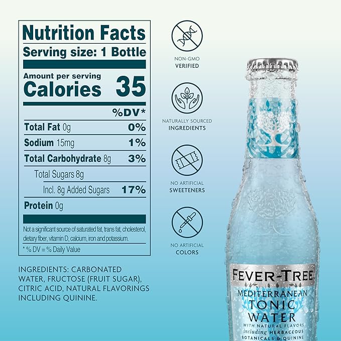 Fever-Tree Mediterranean Tonic Water Glass Bottles, No Artificial Sweeteners, Flavorings & Preservatives, 6.8 Fl Oz (Pack of 24)