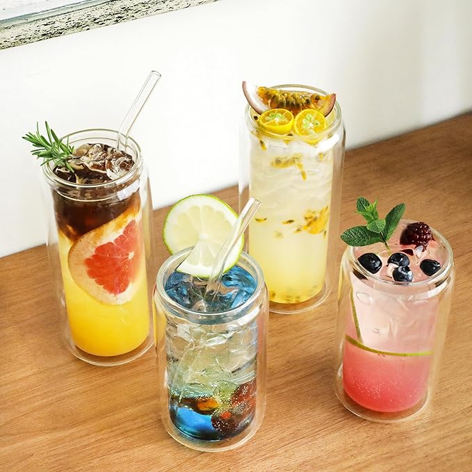 LIBWYS 12oz 4pcs Double Wall Glass Cups with Bamboo Lids and Straws - Condensation Resistant Insulated Drinking Glasses for Cold Beverages, Iced Coffee, Tea, Juice, Clear Borosilicate Glass Tumbler