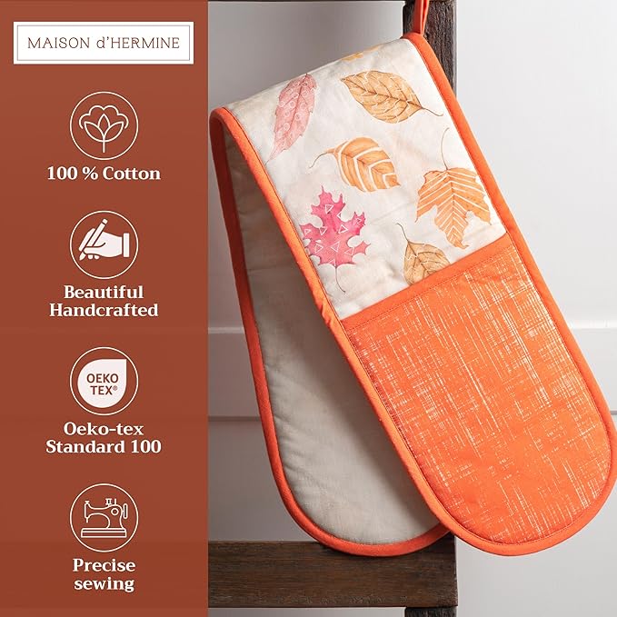 Maison d' Hermine Double Oven Mitts 100% Cotton 7"x35" Double Oven Mitt Heat Resistant BBQ Cooking Gloves with Loop, Baking, Grilling, Home, Kitchen, Handling Hot Pans (Colors of Autumn)