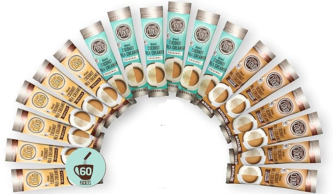 Coconut Cloud: Vegan Assorted Coffee Creamer Pack. Dairy Free, Made from Coconut Powder Milk with MCT Oil | 20 each of Original,Vanilla & Salted Caramel Single Sticks, 60 servings