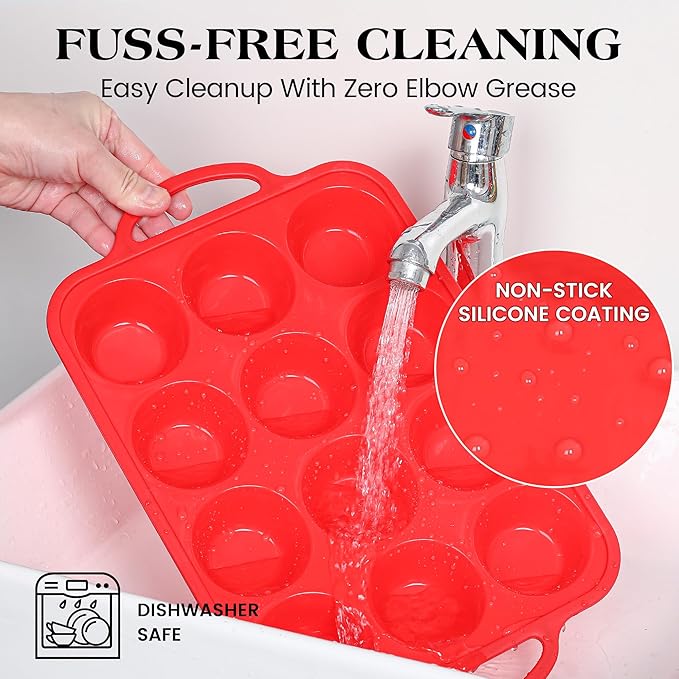 2 Pcs Silicone Muffin Pan for Baking with Metal Frame, Nonstick 12 Cup Regular Size Cupcake Pan, Silicone Muffin Tray for Egg Bites (Red)