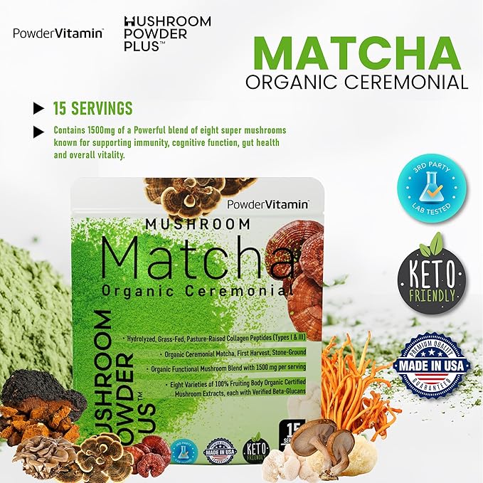PowderVitamin Organic Ceremonial Mushroom Matcha Certified Pesticide-Free Grass-Fed Collagen Types I & III, 8 Fruiting Body Mushrooms Tested for Beta-Glucans Focus Digestion & Immunity 15 Servings