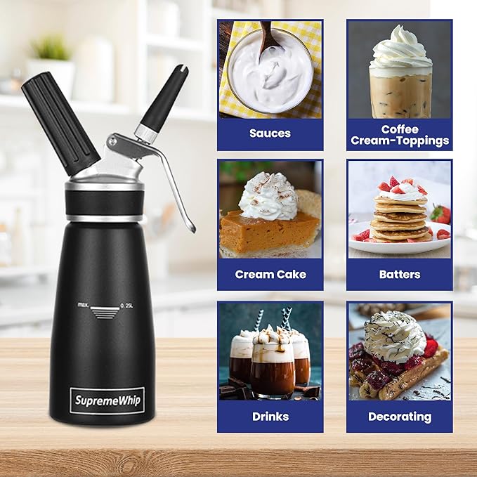 Pro Cream Dispenser, Durable High-Grip, Metal Lid with Rubber, 3 Nozzles, for Hot/Cold Use, Cleaning Brush Included, Black - 250ml/1 Pint