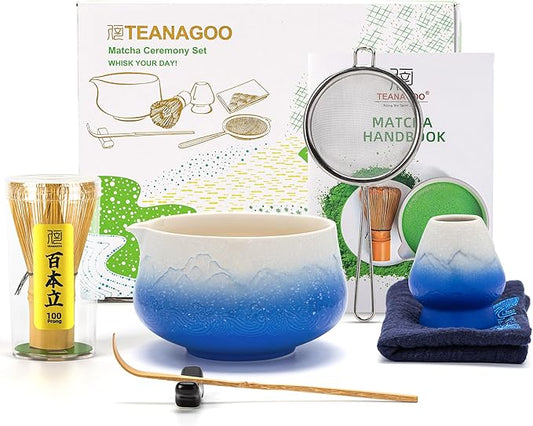 TEANAGOO 7 Pcs Matcha Whisk Set,Blue Matcha Set, Ceremony Matcha Powder Kit,Matcha Tea Set for Making Latte,Matcha Whisk Set and Bowl with Scoop&Sifter,Fuji Design Ceramic Bowl,Gift for Matcha Lovers