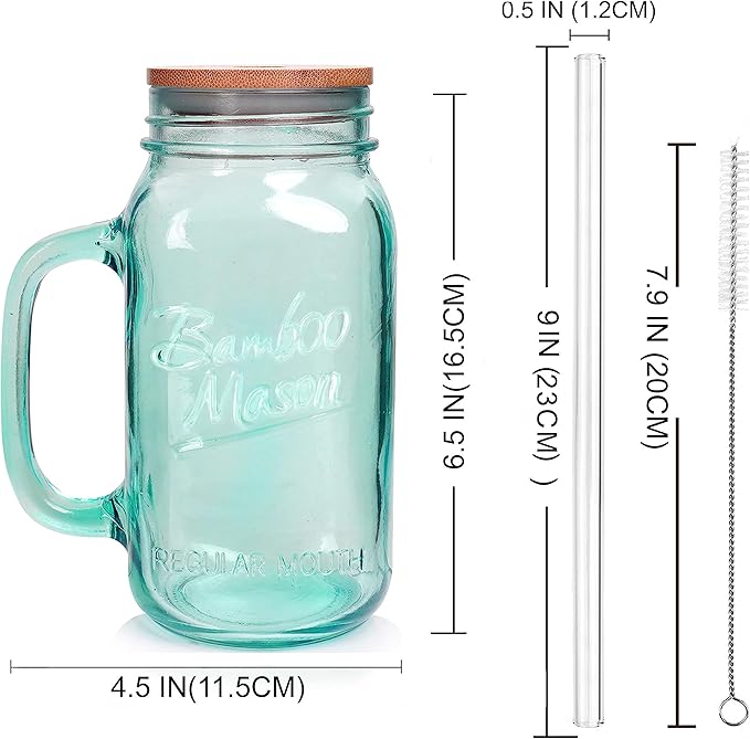 ANOTION Mason Jar with Handle - Colorful Drinking Glasses Colored Glass Cups with Lids and Straws Colored Glasses Drinking Set of 2 Mason Jars Iced Coffee Cups Tumblers Smoothie Water Bottles