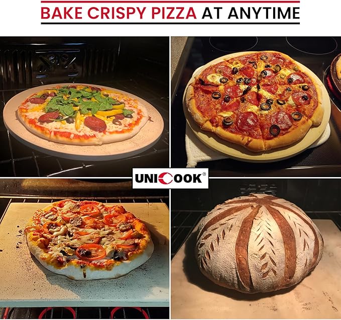 Unicook 2 PCS Pizza Stones Set, 12 Inch Square Pizza Stone for Oven and Grill, Cordierite Baking Pan for Crispy Crusts, Thermal Shock Resistant, Including Dough Scraper