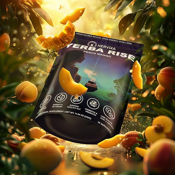 Yerba Mate Peach Mango Energy Tea Powder – Clean Plant-Based Focus Drink with Probiotics & Adaptogens – Low Sugar, No Crash, Smooth Taste – 30 Refreshing Servings