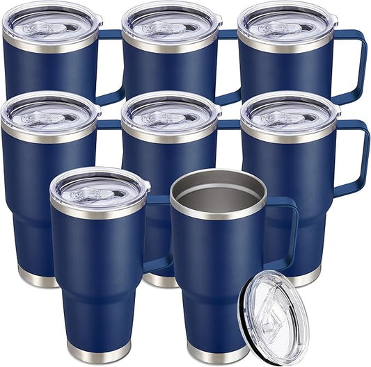 30 oz Tumbler with Handle and Lid, Stainless Steel Tumblers Bulk Double Wall Vacuum Insulated Travel Mug Leak Proof Cup Keep Drinks Cold and Hot Navy, 8 Pack