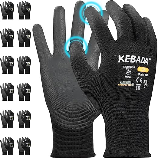 Kebada W1 Work Gloves for Men and Women, PU Coated Safety Gloves with Grip, Touchscreen, Ideal for Warehouse Package Handling, Construction, Gardening, Black X-Small