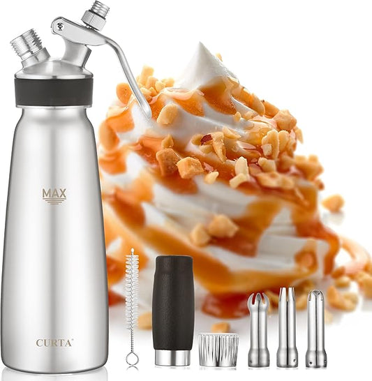 CURTA Stainless Steel Professional Whipped Cream Dispenser, Leak-Free Cream Whipper, Cream Maker with 3 Decorating Tips & Cleaning Brush, 500ml / 1 Pint Canister, N2O Charger (Not Included)