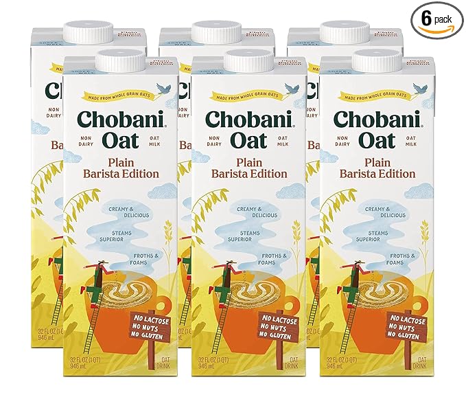 Chobani Oat Milk, Plain Oat Barista Edition, Shelf Stable Non Dairy Milk, Creamer, Vegan Friendly, Gluten-Free, 32 FL OZ (Pack-6)