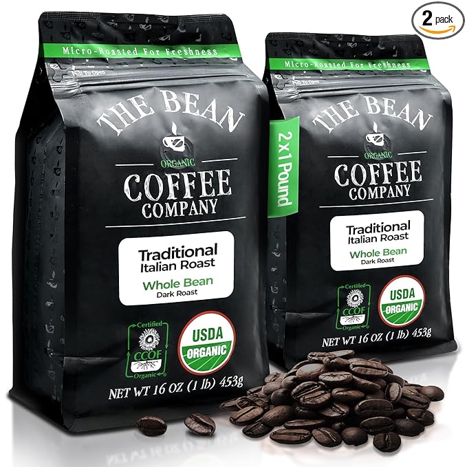 The Bean Organic Coffee Company Il Chicco (Traditional Italian Roast), Dark Roast, Whole Bean Coffee, 16-Ounce Bags (Pack of 2)