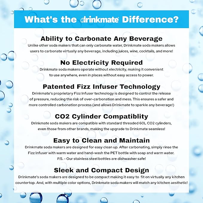 Drinkmate OmniFizz Sparkling Water and Soda Maker, Carbonates Any Drink, Bubble Up Bundle - Includes Two 60L CO2 Cylinders, One Carbonation Bottle, and Fizz Infuser (Matte Black)