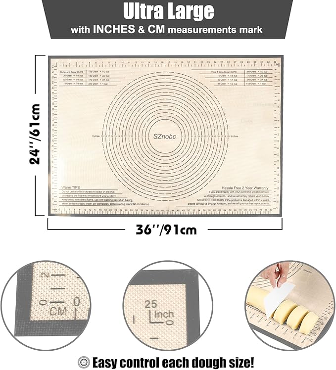 Silicone Baking Mat 36x24 Inch Nonstick Pastry Mat Perfect for Dough Mat, Pastry Board, Kitchen Counter Mat - For Dough, Pastry, Pie Crust, Fondant, Cookies, Bread, Pasta/Pizza, Grey