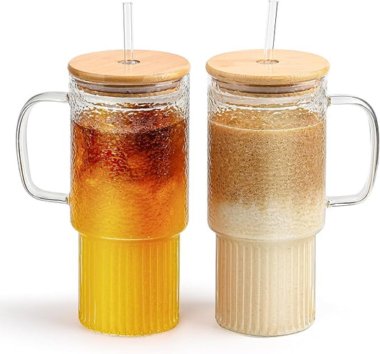 32oz Glass Cups with Handle and Bamboo Lids and Straws, 2 Pack Borosilicate Glass Tumblers for Iced Coffee, Smoothies, Fruit Drinks. Reuseable Glasses Cups for Cold/Hot Water