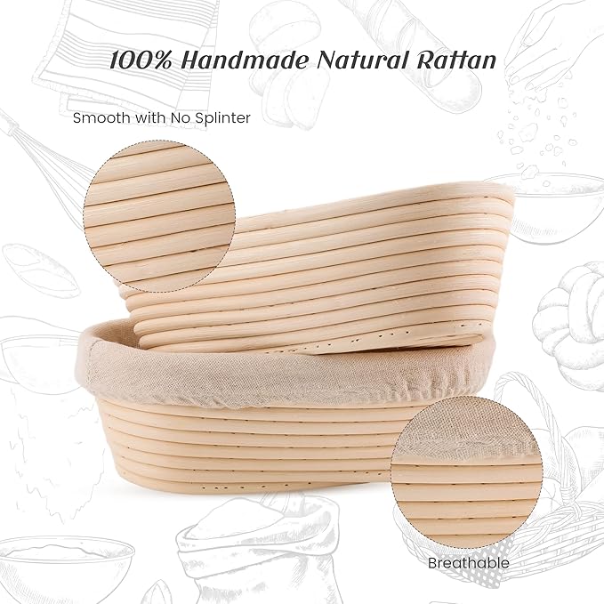 Joyyy Sourdough Bread Proofing Baskets with Liner, Dough Rising Ratten Bowl for Bread Making and Baking, Oval, 10 inch (Set of 2)