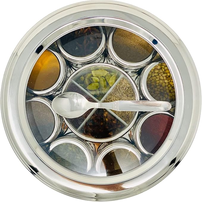 spice dabba Stainless Steel Indian Spice Box, Steel Masala Dabba 12 Spices, Lid Spice Box, Authentic Spices, Masala Box with Individual containers | Size 9 x 9 x 3 IN (Indian Spice Box Only)