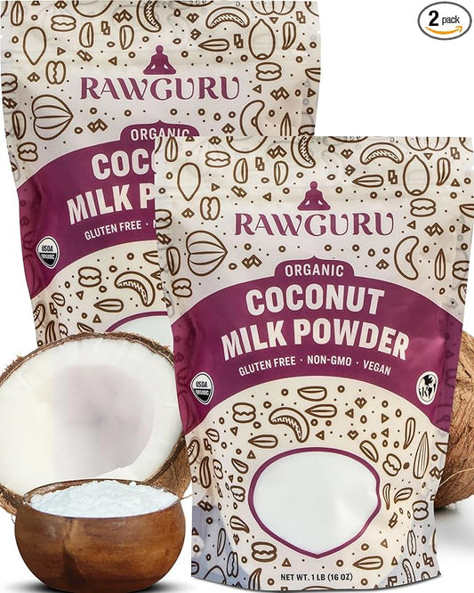RawGuru Organic Coconut Milk Powder - Vegan & Nutrient-Dense Powder with Iron & Potassium - Rich & Creamy Organic Milk for Drinking or Baking - 16 oz, Pack of 2