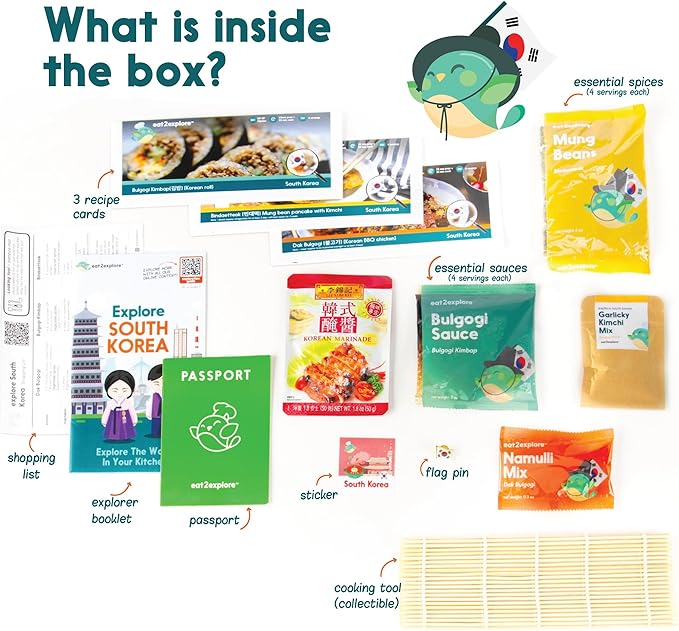 eat2explore Cooking Kits for Kids – Interactive & Educational Kids Cooking Sets Real for Ages 5 and Up,3 Recipe Cards & Global Ingredients – Fun Gift for Young Chefs (South Korea Edition)