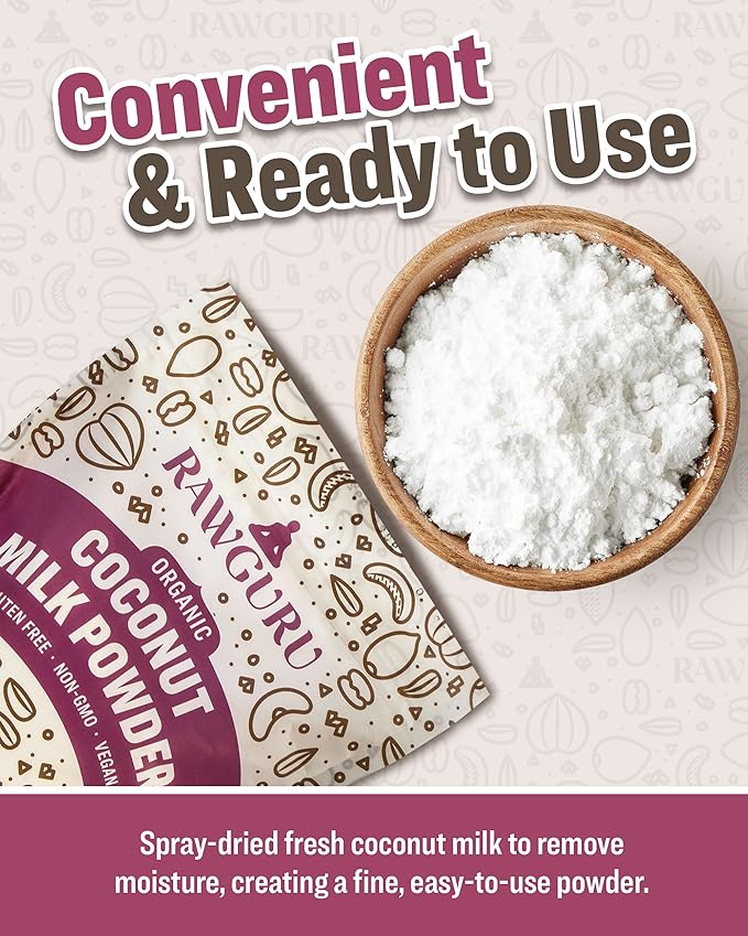 RawGuru Organic Coconut Milk Powder - Vegan & Nutrient-Dense Powder with Iron & Potassium - Rich & Creamy Organic Milk for Drinking or Baking - 16 oz, Pack of 2