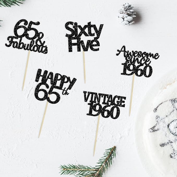 Gyufise 30 Pack Gold Glitter 65th Birthday Cupcake Toppers Vintage 1960 Cake Toppers Hello 65 Cake Topper Sixty Five 65 & Fabulous Cupcake Picks 65th Birthday Cake Decorations Supplies